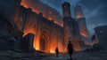 GRID THUMBNAIL — Towering fortress walls and arched gate blaze with orange fire at night as small figures approach through a ruined, war-torn courtyard.