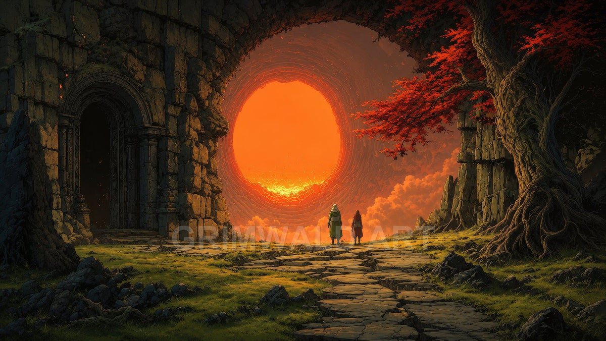 Ancient stone ruins and a red-leaved tree frame a vast glowing orange portal as two small travellers stand on a cracked path.