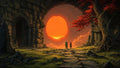GRID THUMBNAIL — Ancient stone ruins and a red-leaved tree frame a vast glowing orange portal as two small travellers stand on a cracked path.