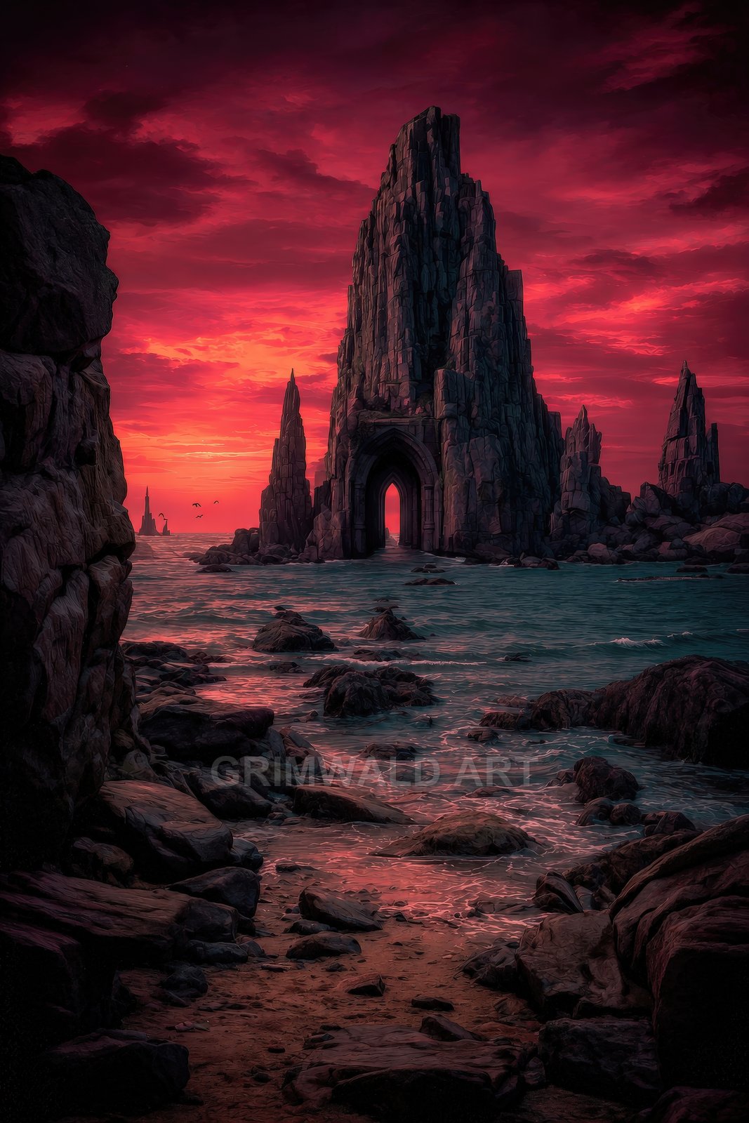 Rocky coastal spire with gothic archway rising from the sea at sunset, crimson clouds over dark rocks and churning turquoise water.