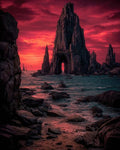 GRID THUMBNAIL — Rocky coastal spire with gothic archway rising from the sea at sunset, crimson clouds over dark rocks and churning turquoise water.