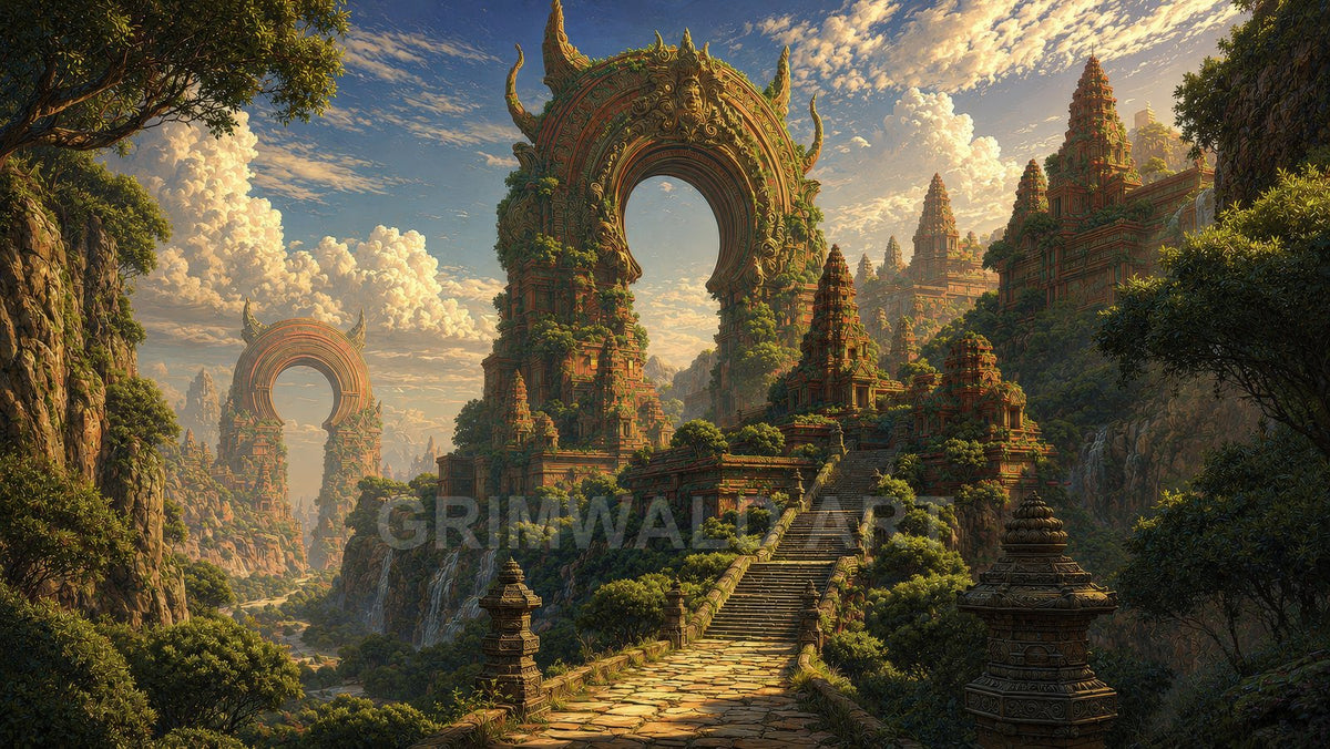 Sunlit stone stairway leads to a colossal ornate ring arch and temple towers in a lush mountain valley with waterfalls under a cloud-filled sky.