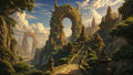 GRID THUMBNAIL — Sunlit stone stairway leads to a colossal ornate ring arch and temple towers in a lush mountain valley with waterfalls under a cloud-filled sky.
