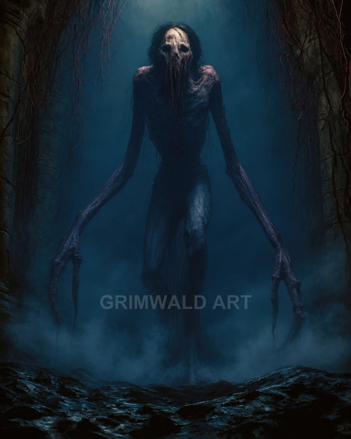 A towering gaunt undead creature with skull-like face, trailing tendrils and elongated claws strides through a foggy blue-lit cave, ominous and menacing.