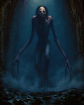 GRID THUMBNAIL — A towering gaunt undead creature with skull-like face, trailing tendrils and elongated claws strides through a foggy blue-lit cave, ominous and menacing.