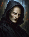 GRID THUMBNAIL — Portrait of a gaunt, hooded warlock in a black robe, lit by flickering candles in a shadowy dungeon, intense eyes and stern expression.