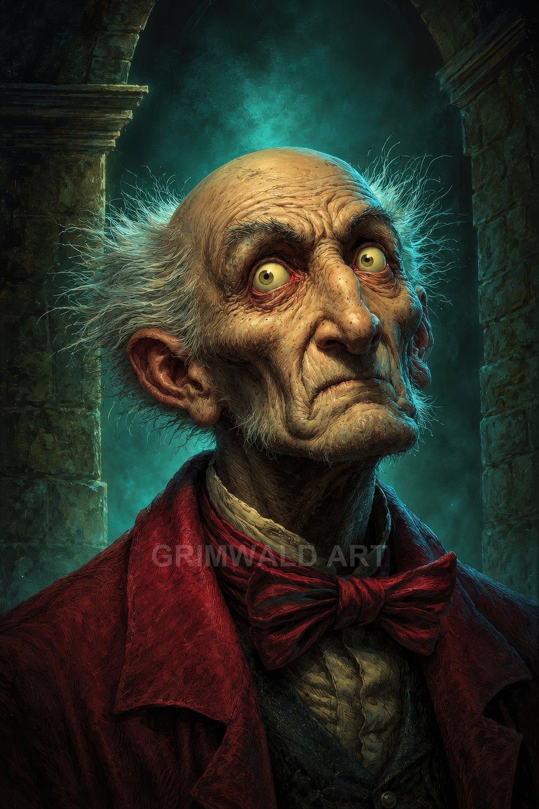 Portrait of a gaunt elderly man with wild white hair, bulging yellow eyes and red bow tie, framed by a stone arch and teal glow.