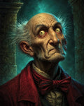 GRID THUMBNAIL — Portrait of a gaunt elderly man with wild white hair, bulging yellow eyes and red bow tie, framed by a stone arch and teal glow.
