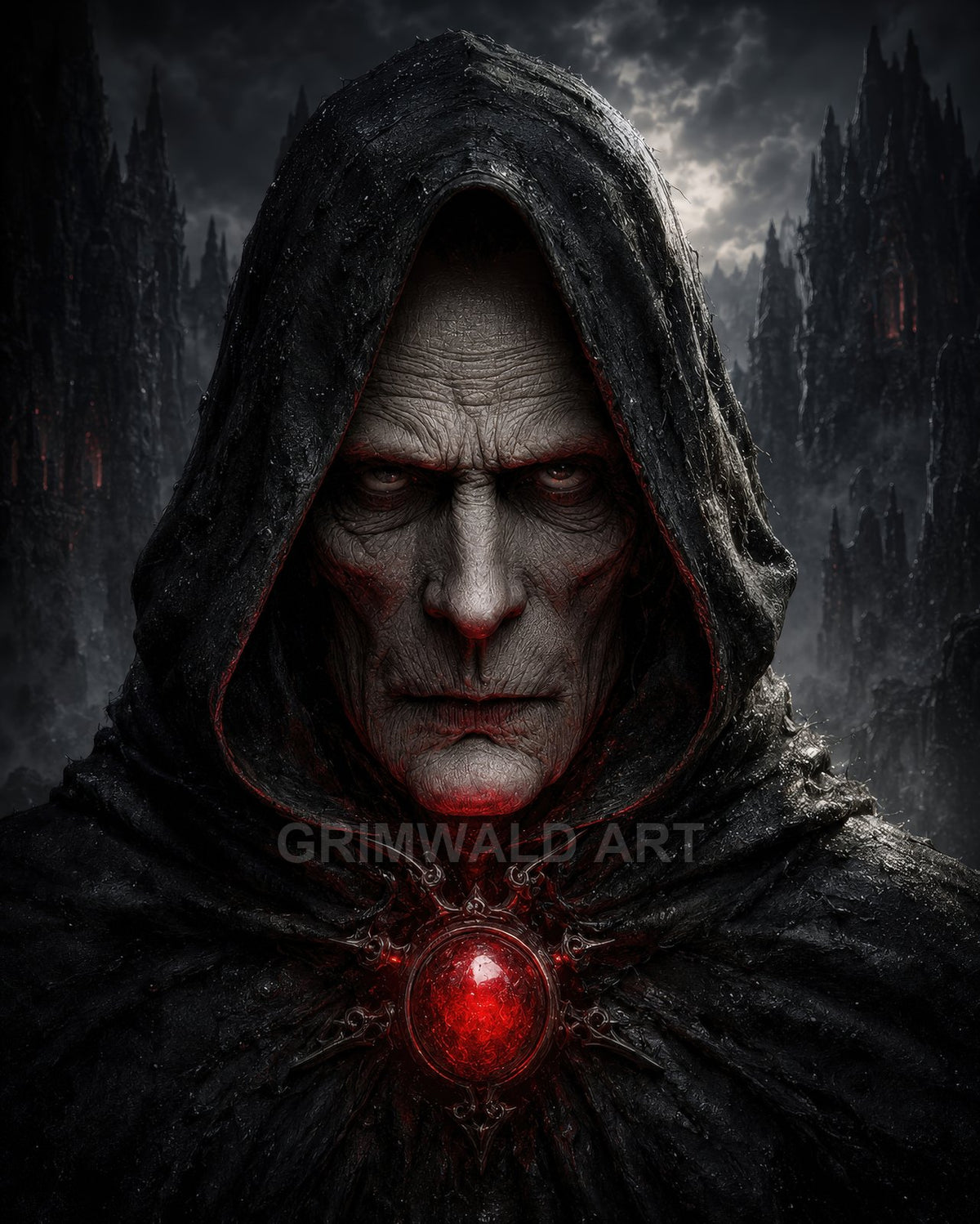 Close-up of a hooded necromancer with gaunt face and glowing red amulet, framed by jagged gothic spires under a moonlit, stormy sky.