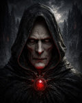 GRID THUMBNAIL — Close-up of a hooded necromancer with gaunt face and glowing red amulet, framed by jagged gothic spires under a moonlit, stormy sky.