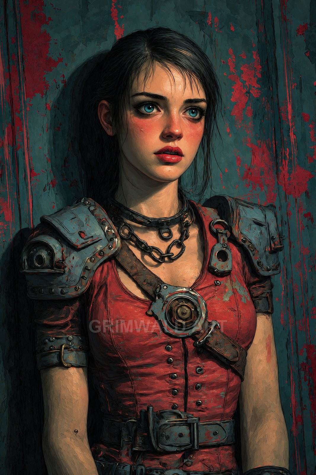 Young woman with blue eyes in red leather top and steampunk shoulder armour, chain necklace and gear emblem, standing against distressed teal wall.