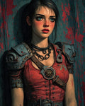 GRID THUMBNAIL — Young woman with blue eyes in red leather top and steampunk shoulder armour, chain necklace and gear emblem, standing against distressed teal wall.