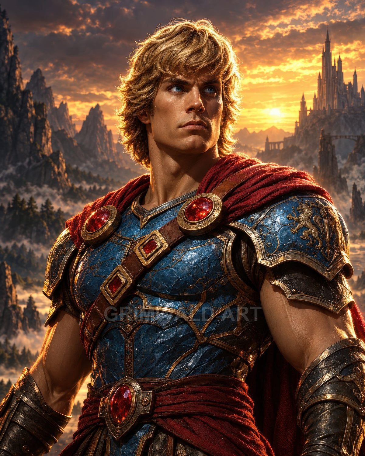 Heroic blond male paladin in blue and gold armour with red gemstones and crimson cloak, standing before a distant castle at golden sunset.