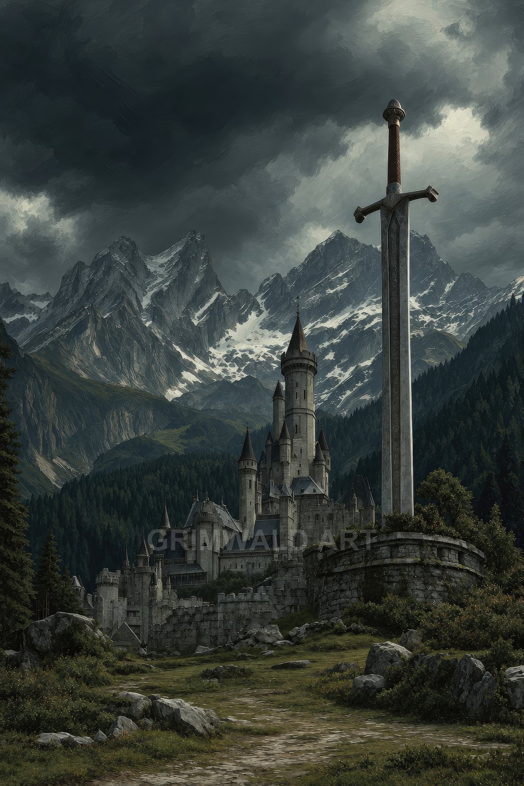 A colossal sword monument rises beside a turreted mountain castle under storm-dark clouds, with pine forests, rocky ground, and snow-streaked peaks in the background.