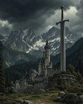 GRID THUMBNAIL — A colossal sword monument rises beside a turreted mountain castle under storm-dark clouds, with pine forests, rocky ground, and snow-streaked peaks in the background.