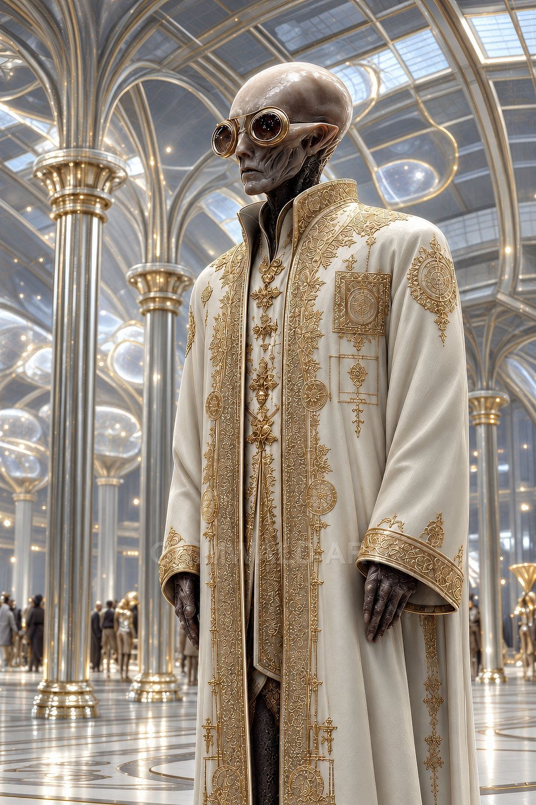 An androgynous alien dignitary in ornate white and gold robes and round goggles stands in a vast, luminous hall with vaulted columns and glass ceiling.