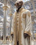 GRID THUMBNAIL — An androgynous alien dignitary in ornate white and gold robes and round goggles stands in a vast, luminous hall with vaulted columns and glass ceiling.