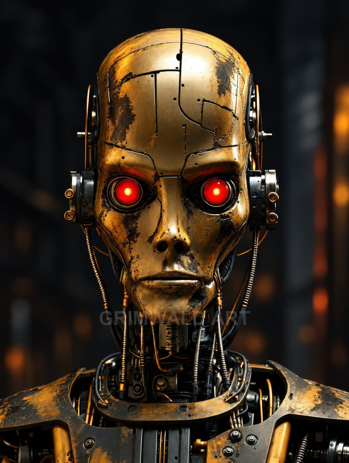 Close-up portrait of a gold-plated android with glowing red eyes and exposed cables, set against a dark, softly lit industrial interior background.