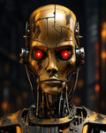 GRID THUMBNAIL — Close-up portrait of a gold-plated android with glowing red eyes and exposed cables, set against a dark, softly lit industrial interior background.
