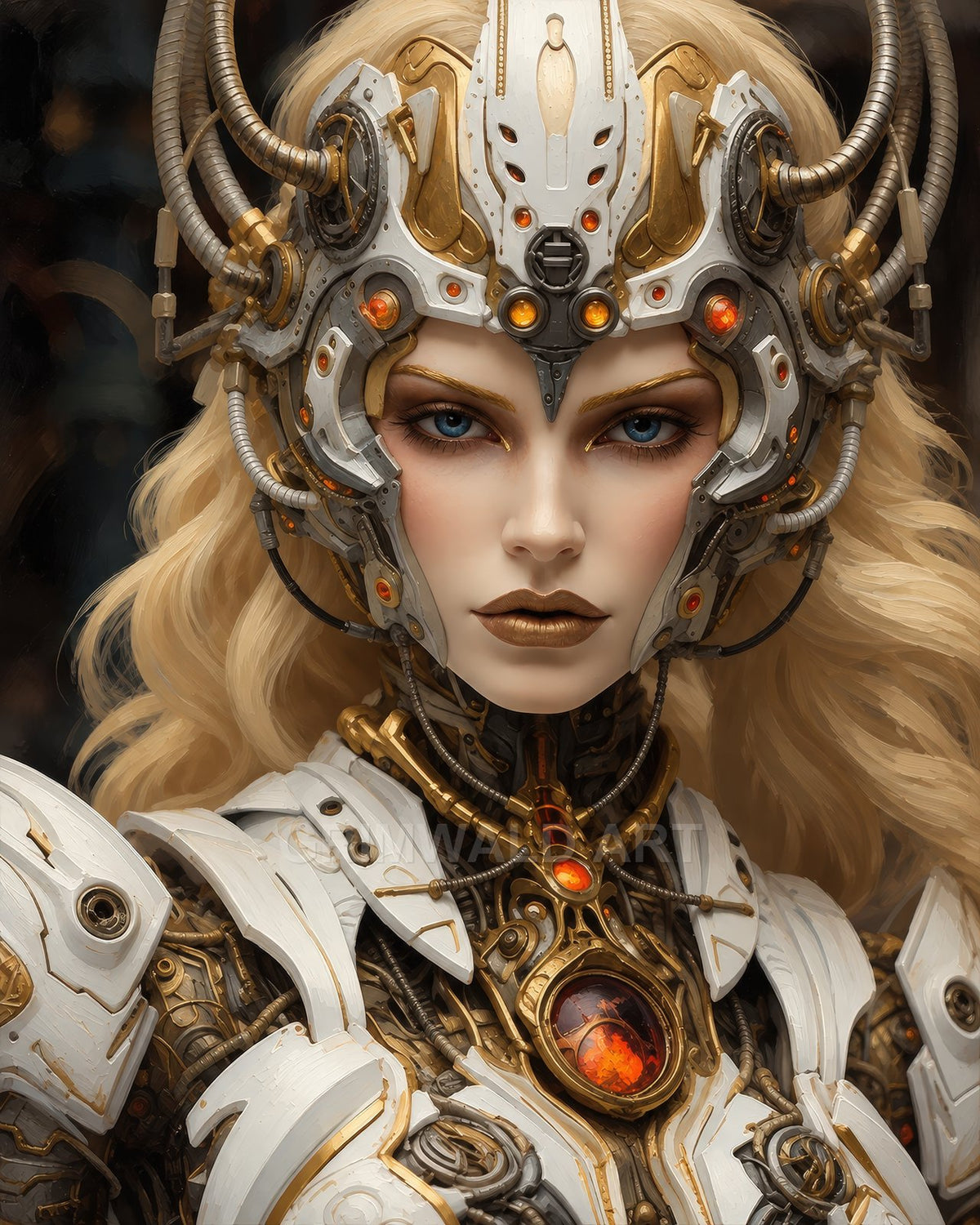 Close-up portrait of a female android in ornate white and gold armour and helmet, with cables, glowing orange lights, and a fiery chest core against a dark background.