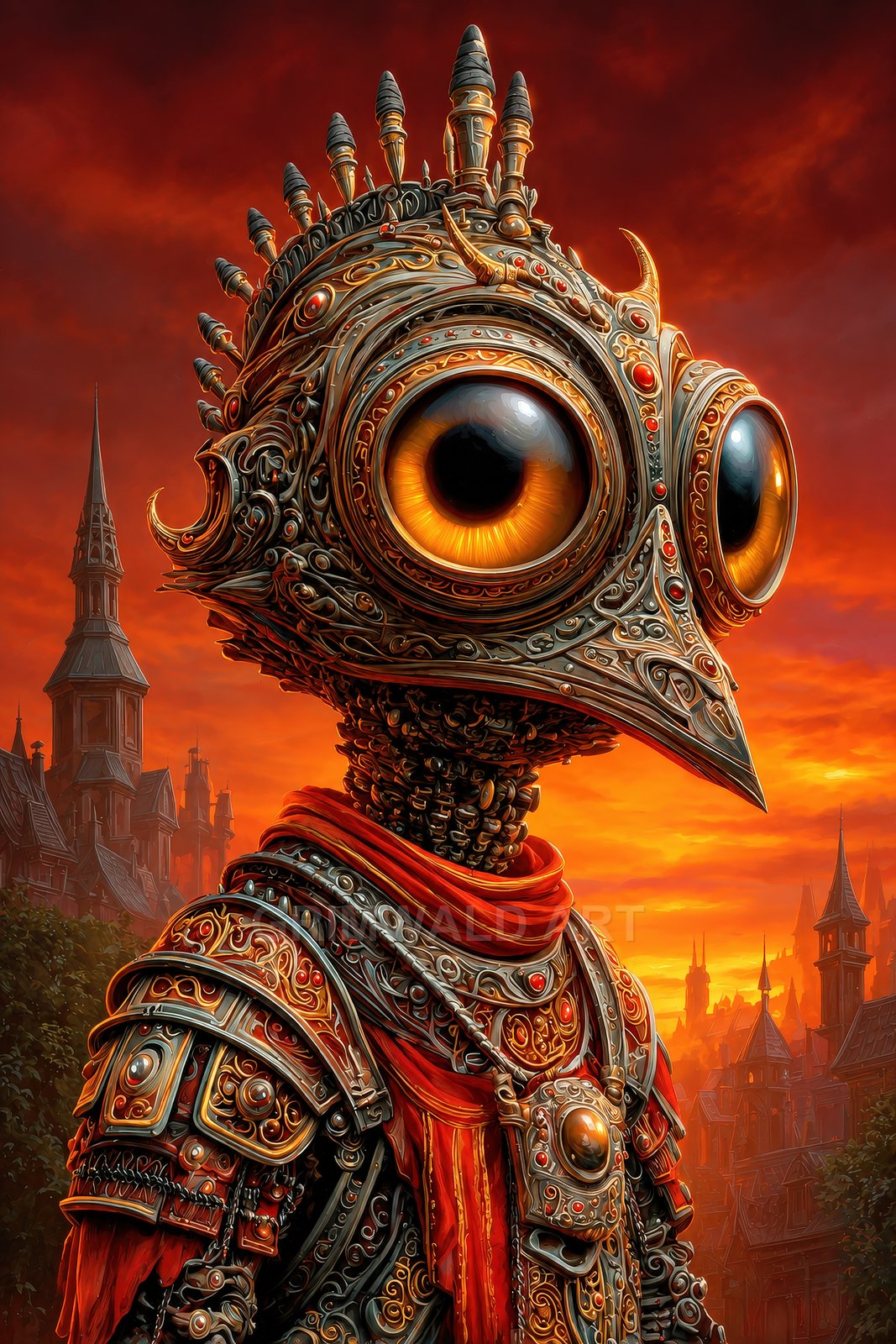 Ornate bird-headed automaton with huge glowing eyes and filigree armour, red scarf, stands before a gothic city skyline at fiery sunset.