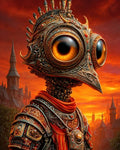 GRID THUMBNAIL — Ornate bird-headed automaton with huge glowing eyes and filigree armour, red scarf, stands before a gothic city skyline at fiery sunset.