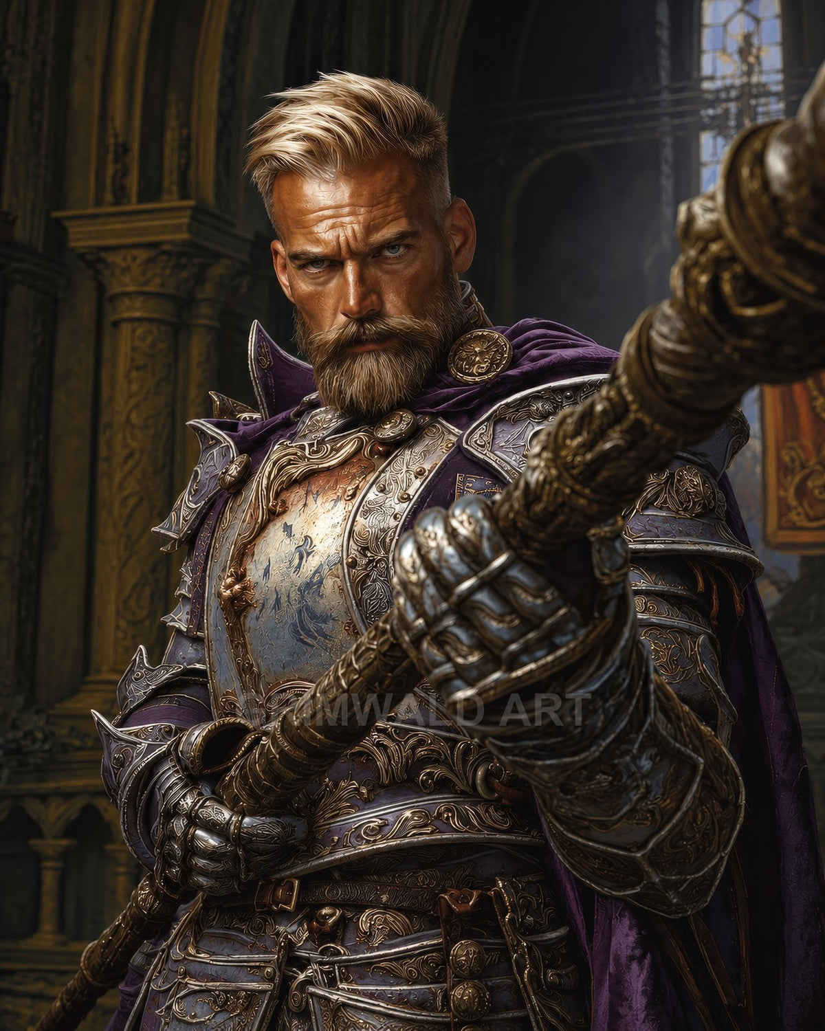 Armoured paladin with blond beard grips an ornate staff, wearing a purple cloak inside a grand cathedral interior lit by soft daylight.