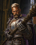 GRID THUMBNAIL — Armoured paladin with blond beard grips an ornate staff, wearing a purple cloak inside a grand cathedral interior lit by soft daylight.