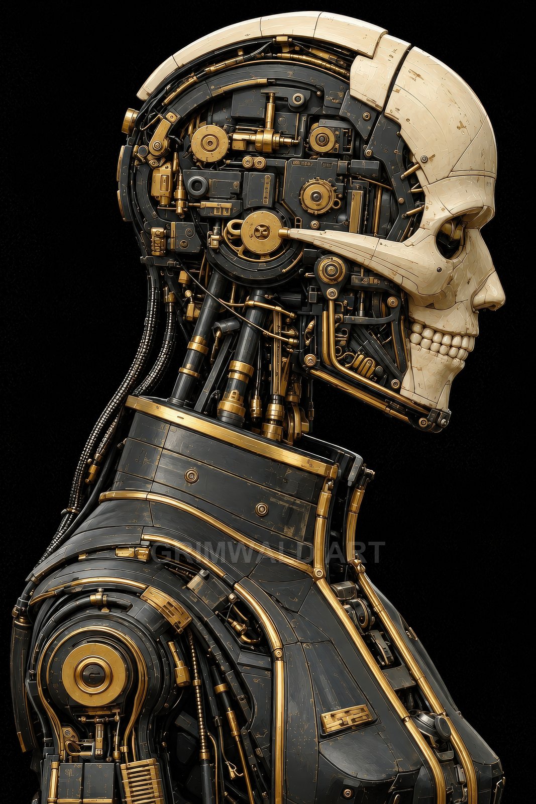 Side profile of a gilded android with ivory skull-like face, exposed gears and cables, intricate black and gold machinery against a dark background.