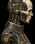 GRID THUMBNAIL — Side profile of a gilded android with ivory skull-like face, exposed gears and cables, intricate black and gold machinery against a dark background.