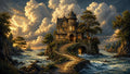 GRID THUMBNAIL — Ornate manor atop a rocky islet with sweeping stone staircase, glowing windows and trees, surrounded by churning coastal waters beneath dramatic golden hour clouds.