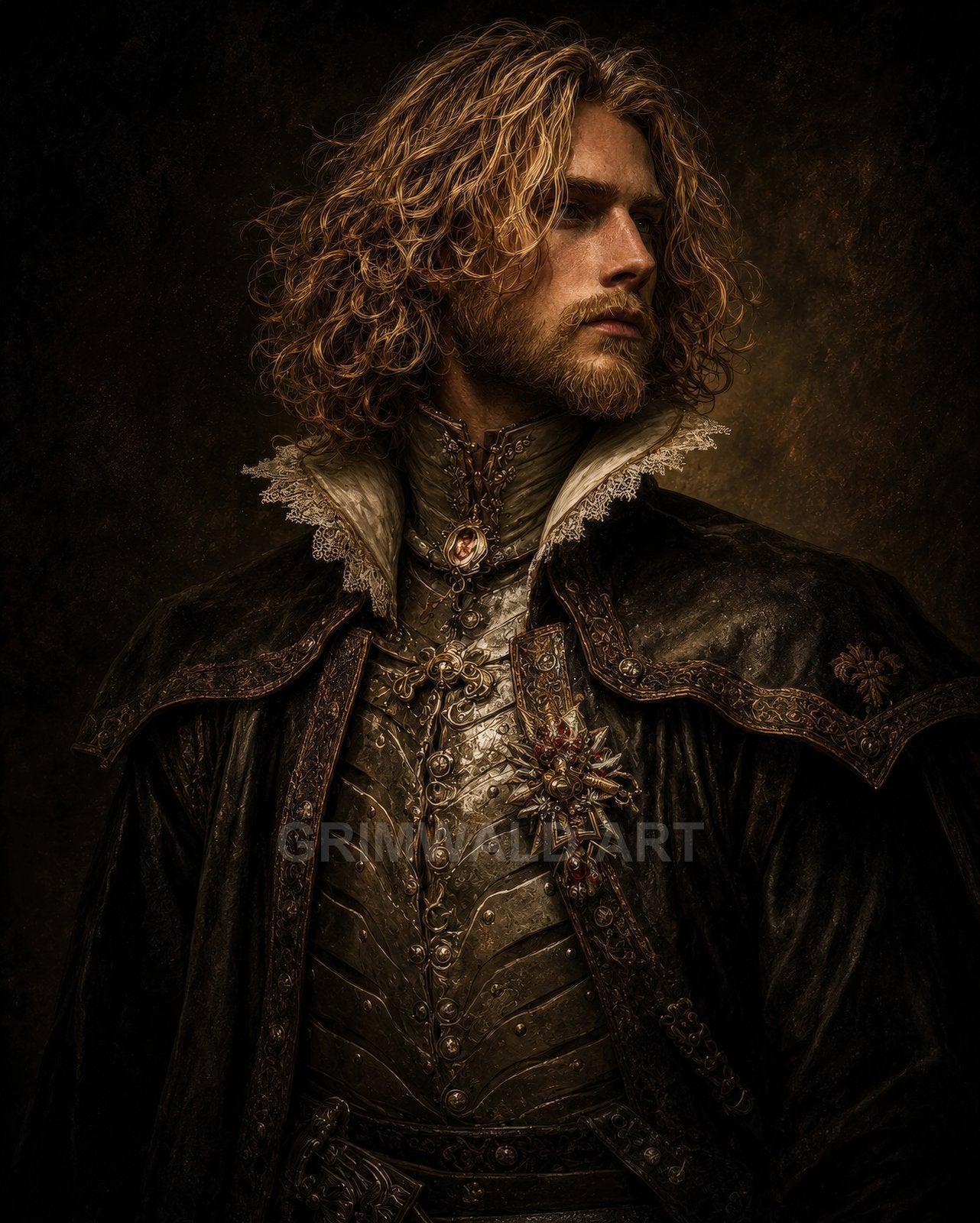 Curly-haired bearded man in ornate dark armour with lace collar and jewelled brooch, gazing aside against a shadowy background under warm, dramatic lighting.