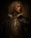 GRID THUMBNAIL — Curly-haired bearded man in ornate dark armour with lace collar and jewelled brooch, gazing aside against a shadowy background under warm, dramatic lighting.