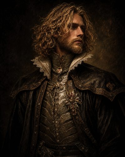 GRID THUMBNAIL — Curly-haired bearded man in ornate dark armour with lace collar and jewelled brooch, gazing aside against a shadowy background under warm, dramatic lighting.