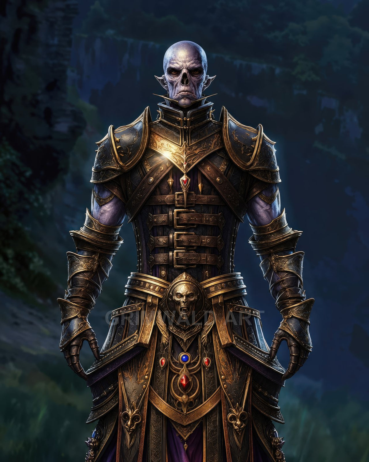An undead, skull-faced figure in gilded, ornate plate armour stands front-facing against a shadowy forest backdrop, gleaming with cold moonlit highlights.
