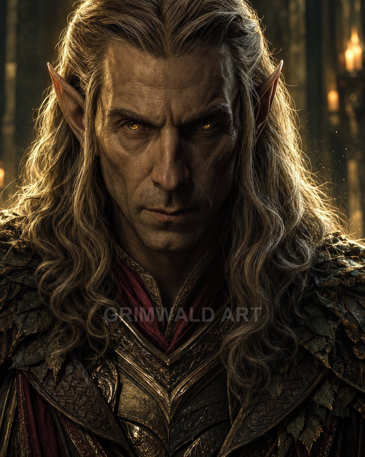 Close-up portrait of a stern male elf in gilded, leaf-etched armour, long wavy hair and glowing amber eyes, lit by candles in a dark hall.