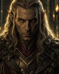 GRID THUMBNAIL — Close-up portrait of a stern male elf in gilded, leaf-etched armour, long wavy hair and glowing amber eyes, lit by candles in a dark hall.