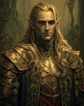 GRID THUMBNAIL — Portrait of a regal elf knight with long blond hair, violet eyes, and leaf-engraved golden armour, standing before a shadowed forest.