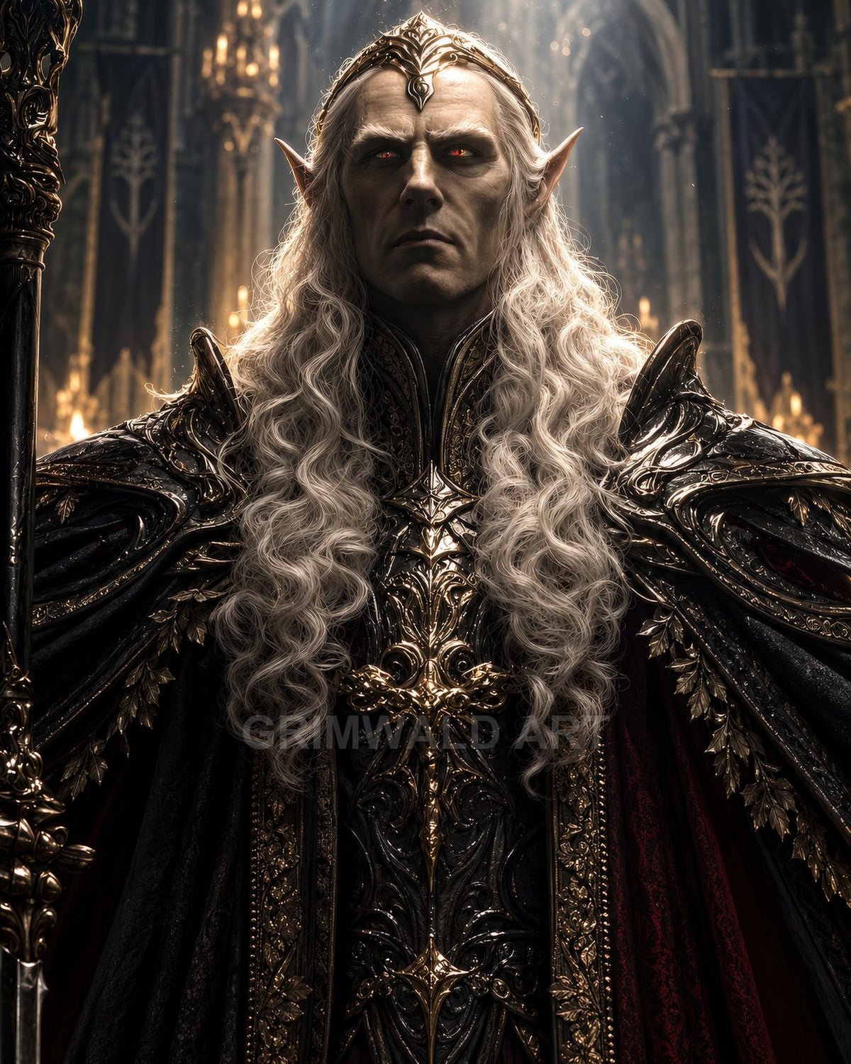 Armoured elven king with long silver hair and glowing red eyes stands in a candlelit cathedral, wearing black-and-gold regalia and holding a staff.