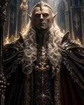 GRID THUMBNAIL — Armoured elven king with long silver hair and glowing red eyes stands in a candlelit cathedral, wearing black-and-gold regalia and holding a staff.