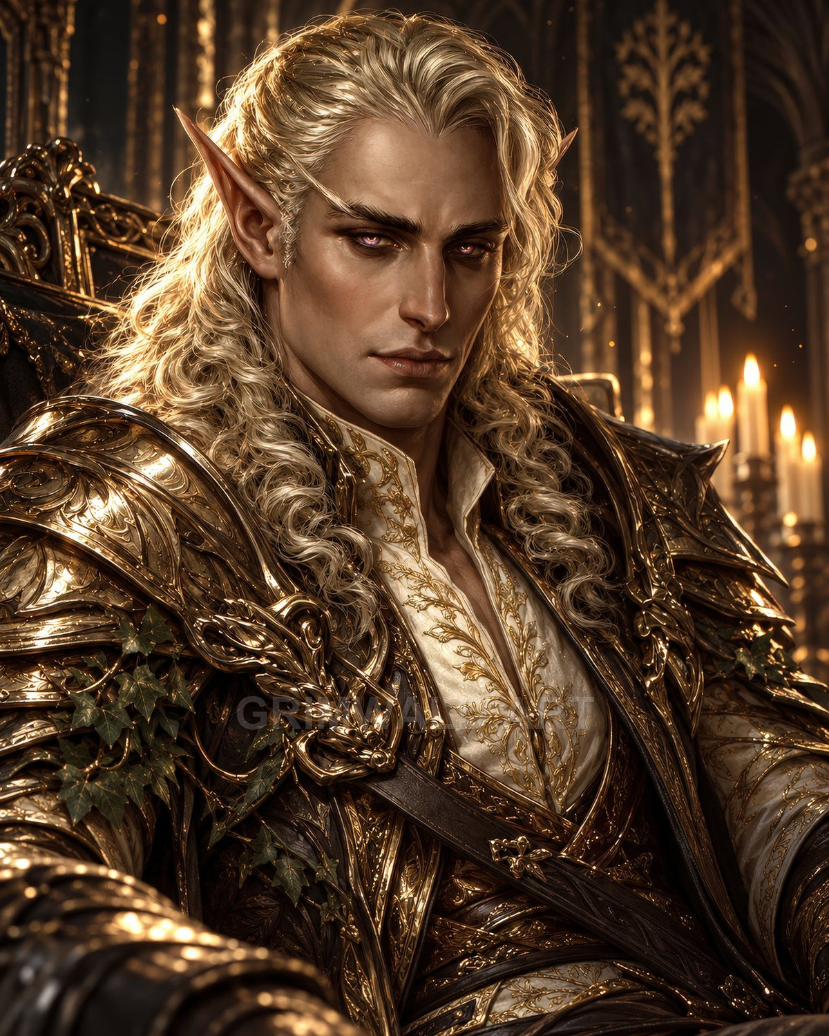 Portrait of a male elf in ornate gold armour seated on a throne in a candlelit hall, with long blond hair and pointed ears.