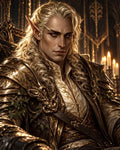 GRID THUMBNAIL — Portrait of a male elf in ornate gold armour seated on a throne in a candlelit hall, with long blond hair and pointed ears.