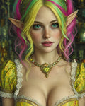 GRID THUMBNAIL — Close-up fantasy portrait of a female elf with multicoloured hair, pointy ears, yellow lace dress and ornate heart pendant in a dim interior.