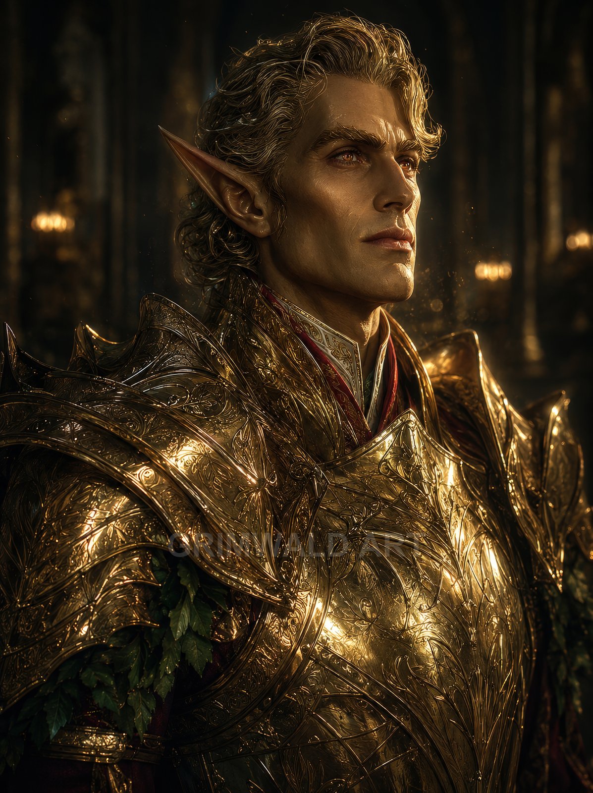 Regal elf in ornate golden armour with pointed ears, gazing right in a firelit hall, leaf accents at shoulder, dignified poise.