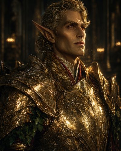 GRID THUMBNAIL — Regal elf in ornate golden armour with pointed ears, gazing right in a firelit hall, leaf accents at shoulder, dignified poise.