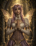 GRID THUMBNAIL — Winged fae woman with lavender hair and ornate corseted gown holds hands in prayer before ancient stone ruins, glowing with golden backlight.