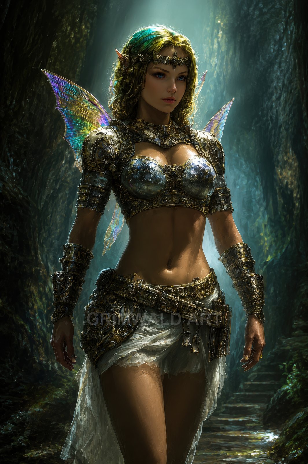 Armoured fairy woman with iridescent wings and circlet stands in a shaded forest passage, light streaming down onto mossy stone steps.