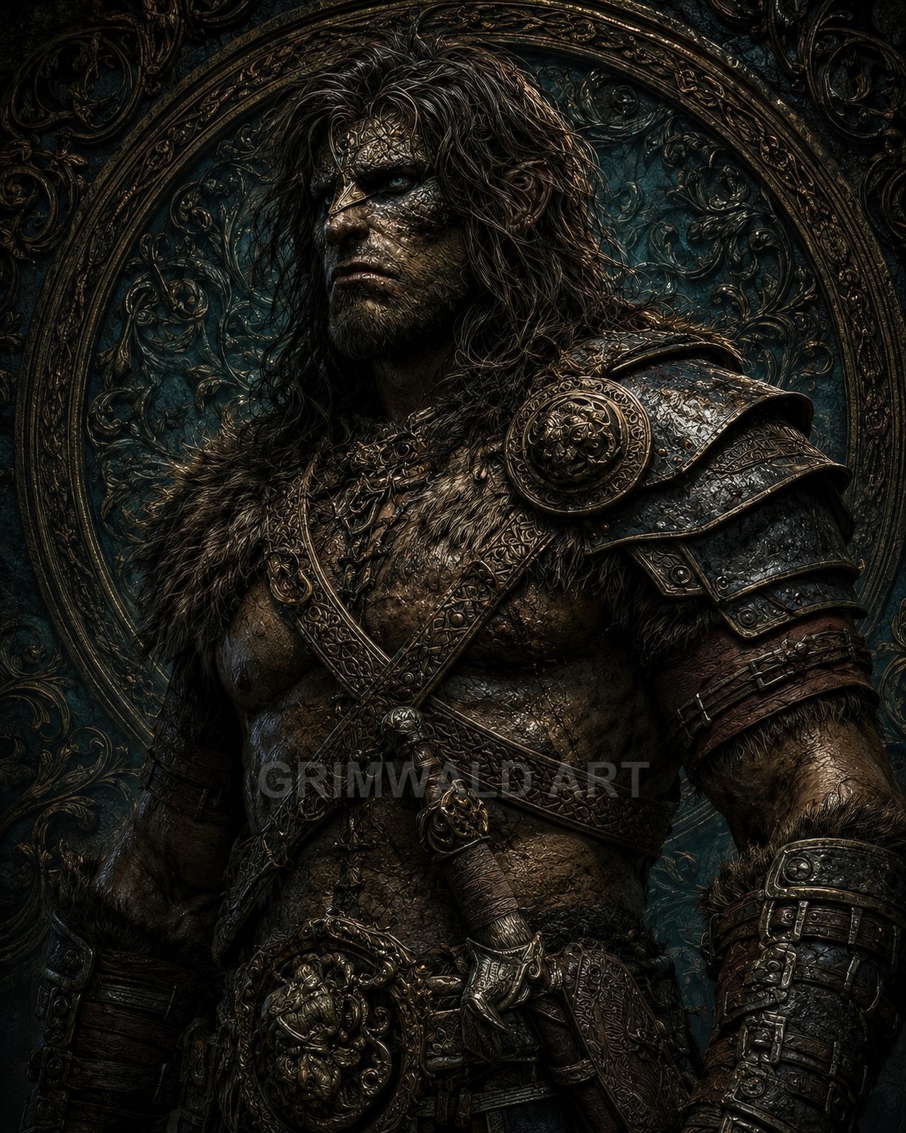 Firelit portrait of a rugged barbarian in fur-trimmed, ornate armour, blue-eyed and scar-scored, with sword and embossed medallions before a carved backdrop.