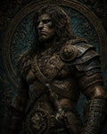 GRID THUMBNAIL — Firelit portrait of a rugged barbarian in fur-trimmed, ornate armour, blue-eyed and scar-scored, with sword and embossed medallions before a carved backdrop.