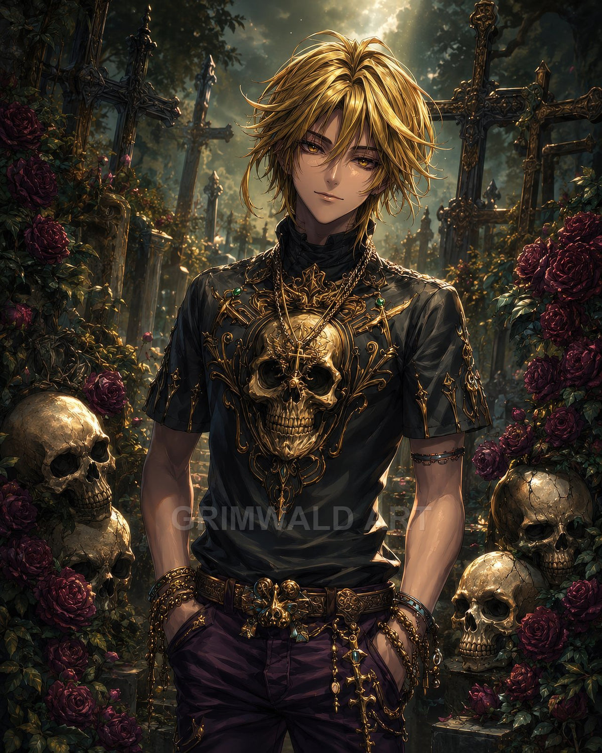 Androgynous, golden-haired figure in an ornate black shirt with a gilded skull emblem, surrounded by roses, human skulls and iron crosses in a sunlit cemetery.